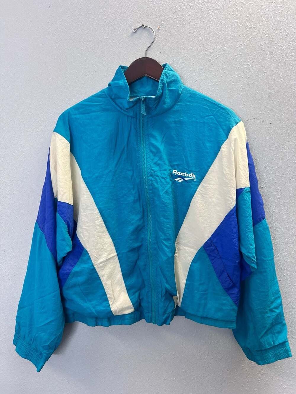 Vintage 90s Reebok Windbreaker Jacket Medium Blue Teal Colorblock Nylon 0662